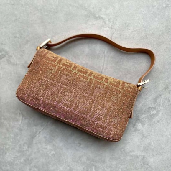 FENDI Metallic Lurex Zucca Vitello Baguette Arancio - Picture 3 of 8